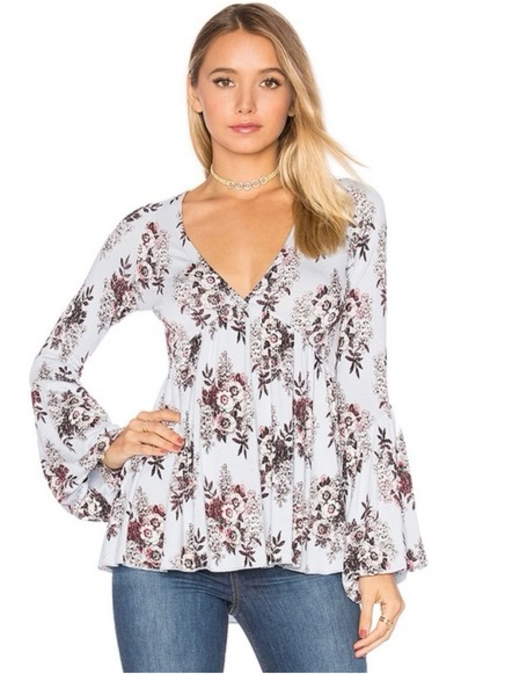 Free People Speak Easy Top Size S Sky Blue Floral Bell Sleeve Peplum Blouse